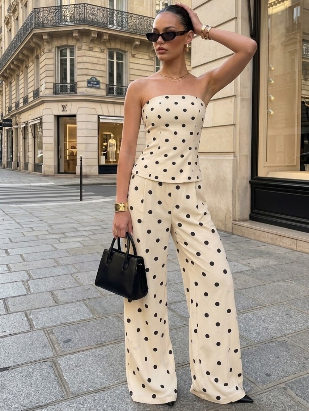 Polka Dot Strapless Wide-Leg Pants Set